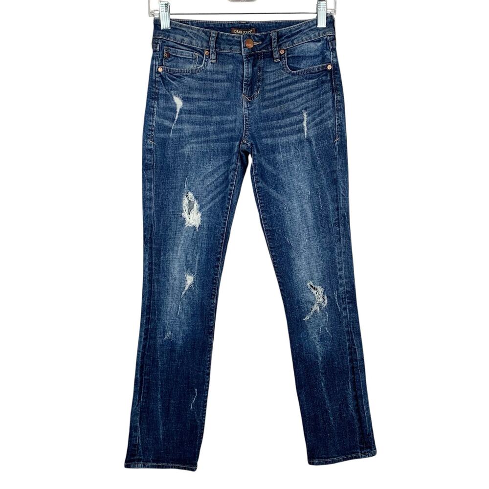Dear John Playback Cuffed Cropped Straight Leg Jeans Distressed Blue Women's 25